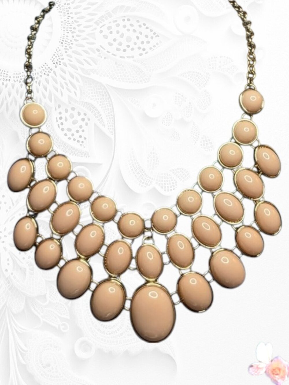 Gold Tone Peachy Pink Acrylic Cabochon Bib Necklace 398